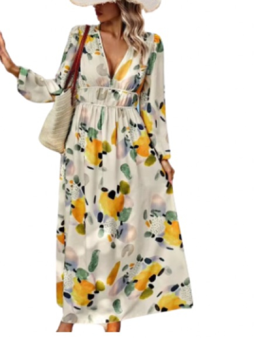 Yellow & Green Floral Maxi Dress with V-Neck - Picture 3 of 5